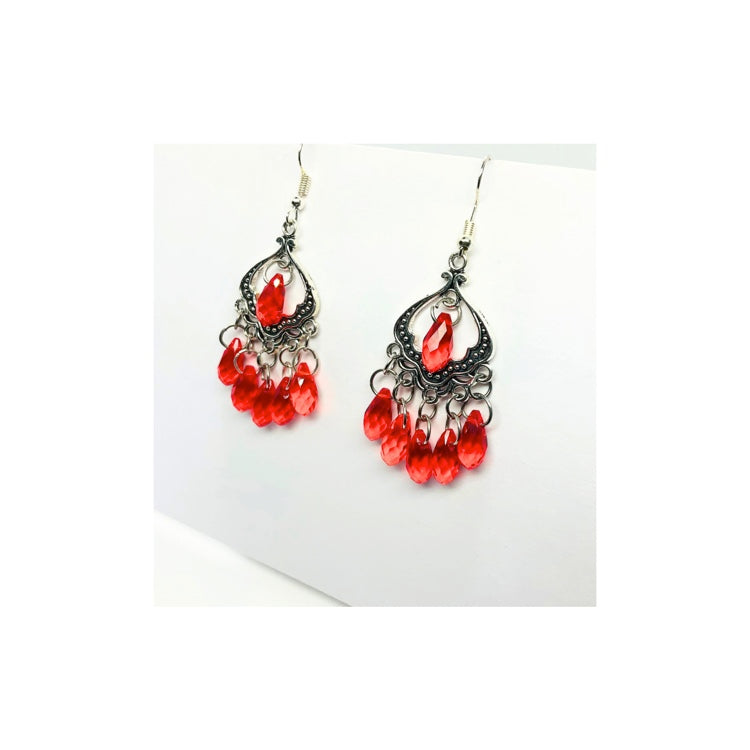 Red Beaded Chandelier Silver Dangle Earrings