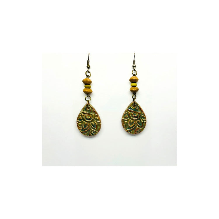 Ceramic Boho Teardrop Dangle Earring with Wood Bead Embellishment Handmade in Gold Color Bronze Ear Hook