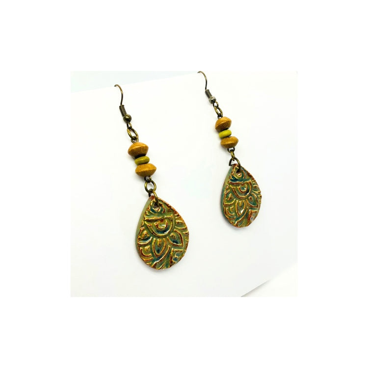 Ceramic Boho Teardrop Dangle Earring with Wood Bead Embellishment Handmade in Gold Color Bronze Ear Hook