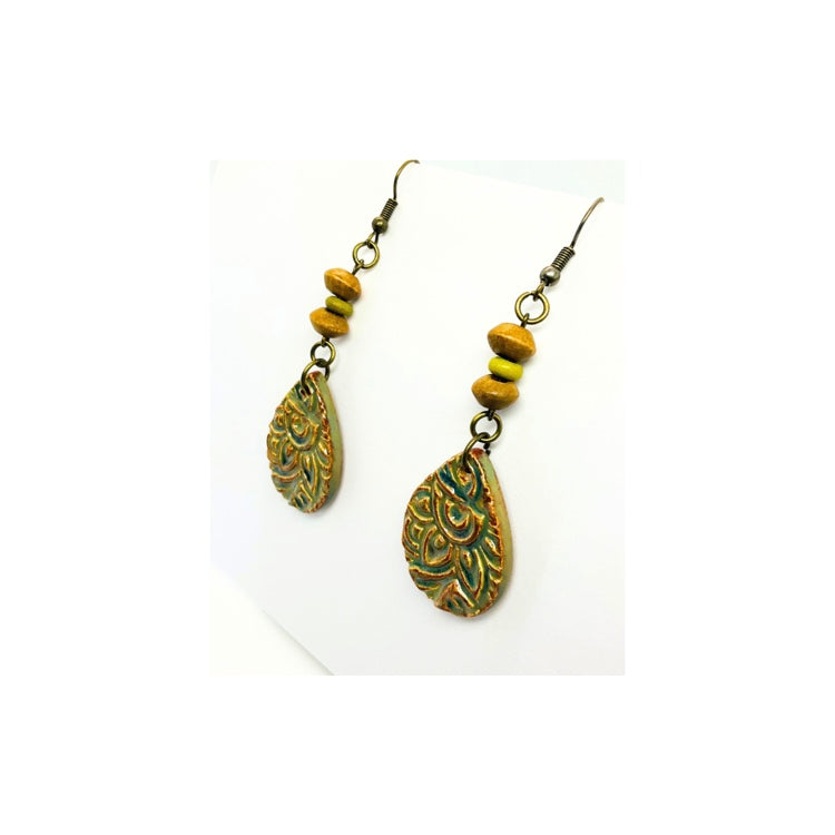 Ceramic Boho Teardrop Dangle Earring with Wood Bead Embellishment Handmade in Gold Color Bronze Ear Hook