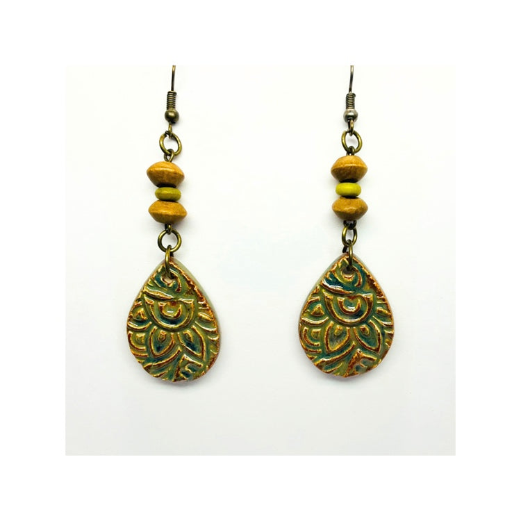 Ceramic Boho Teardrop Dangle Earring with Wood Bead Embellishment Handmade in Gold Color Bronze Ear Hook