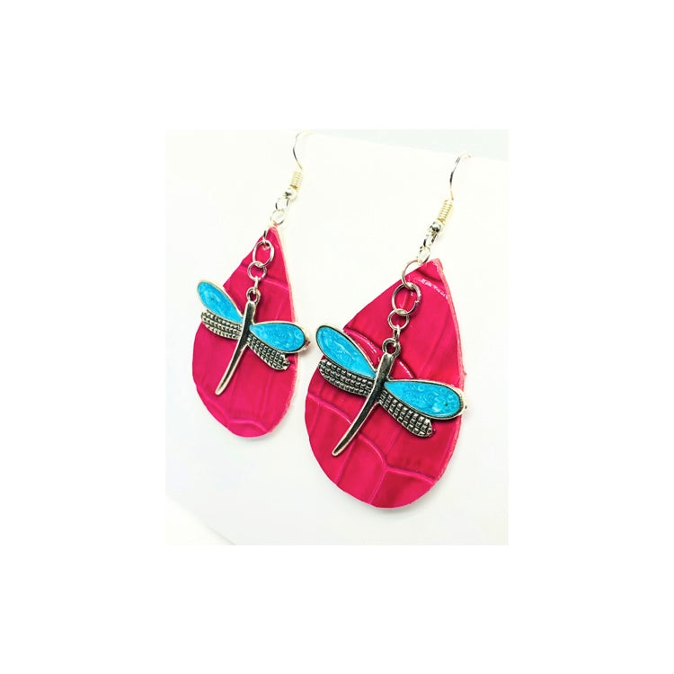 Hot Pink Leather Teardrop Dangle with Dragonfly Charm