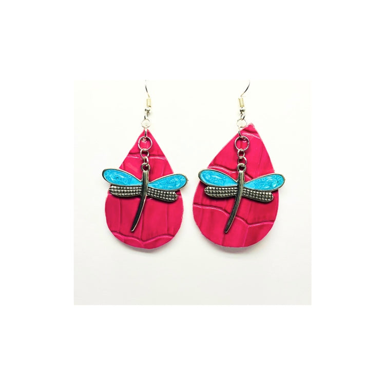 Hot Pink Leather Teardrop Dangle with Dragonfly Charm