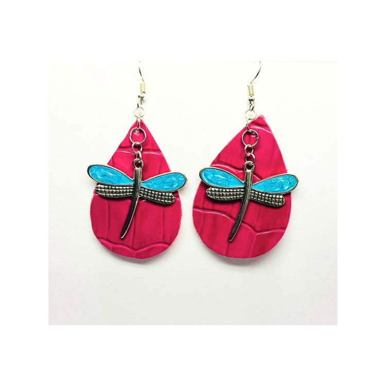 Hot Pink Leather Teardrop Dangle with Dragonfly Charm