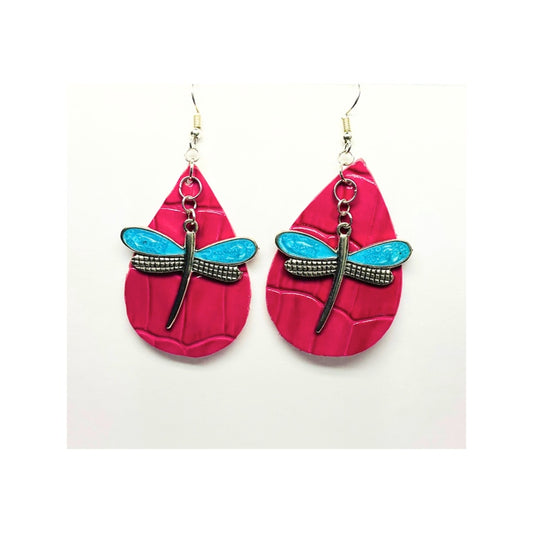 Hot Pink Leather Teardrop Dangle with Dragonfly Charm