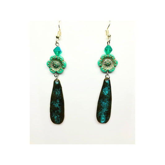 Patina Tarnished Metal with  Turquoise Flower Dangle Earring