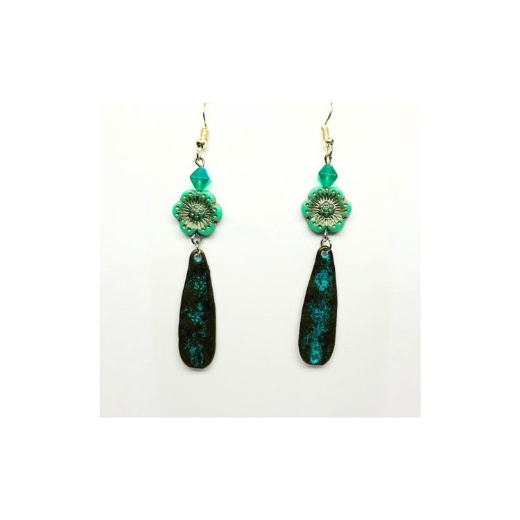 Patina Tarnished Metal with  Turquoise Flower Dangle Earring