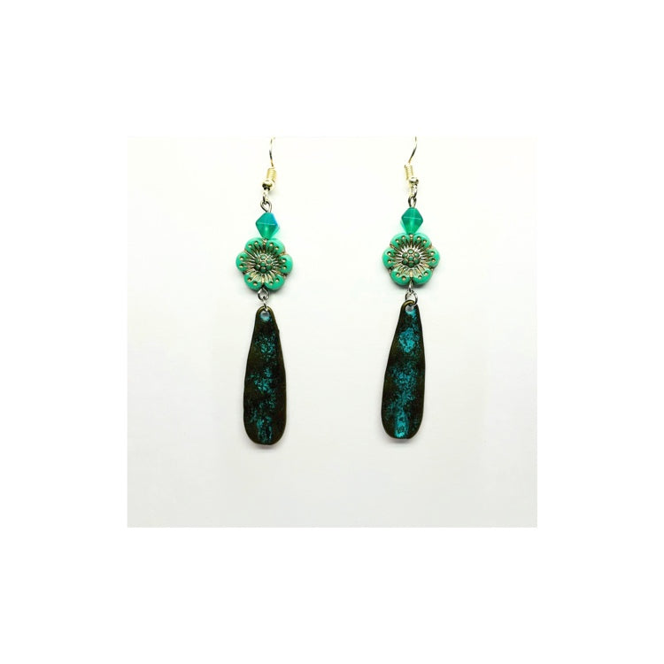 Patina Tarnished Metal with  Turquoise Flower Dangle Earring