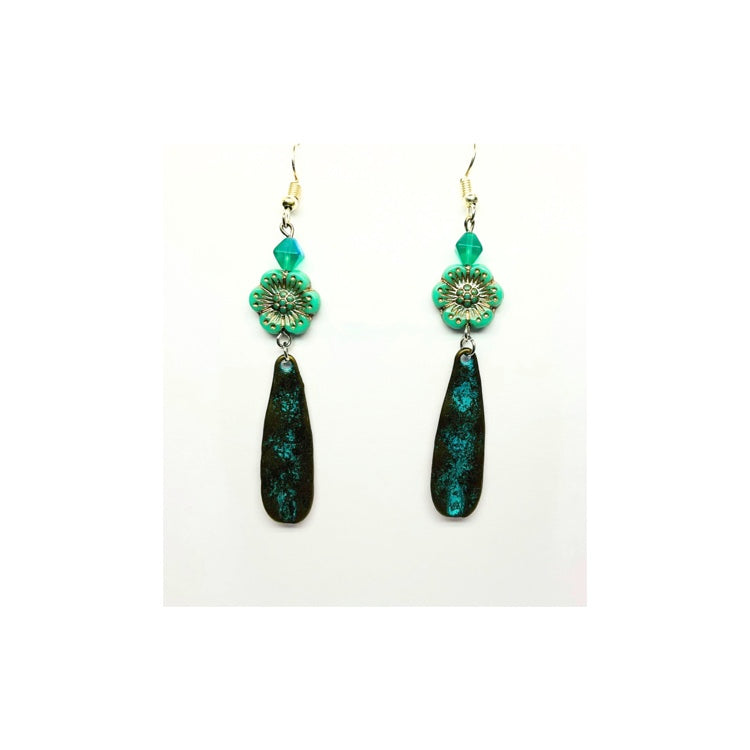 Patina Tarnished Metal with  Turquoise Flower Dangle Earring