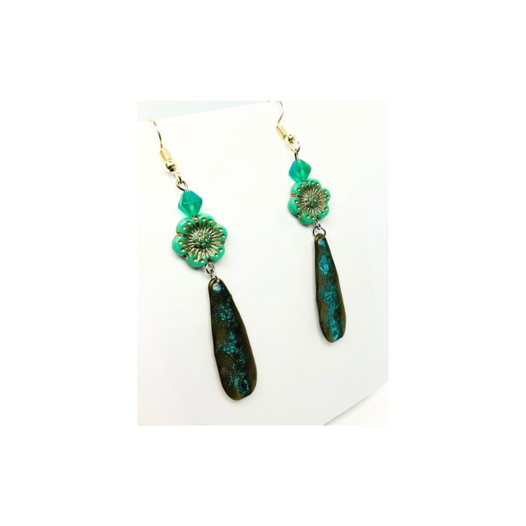 Patina Tarnished Metal with  Turquoise Flower Dangle Earring