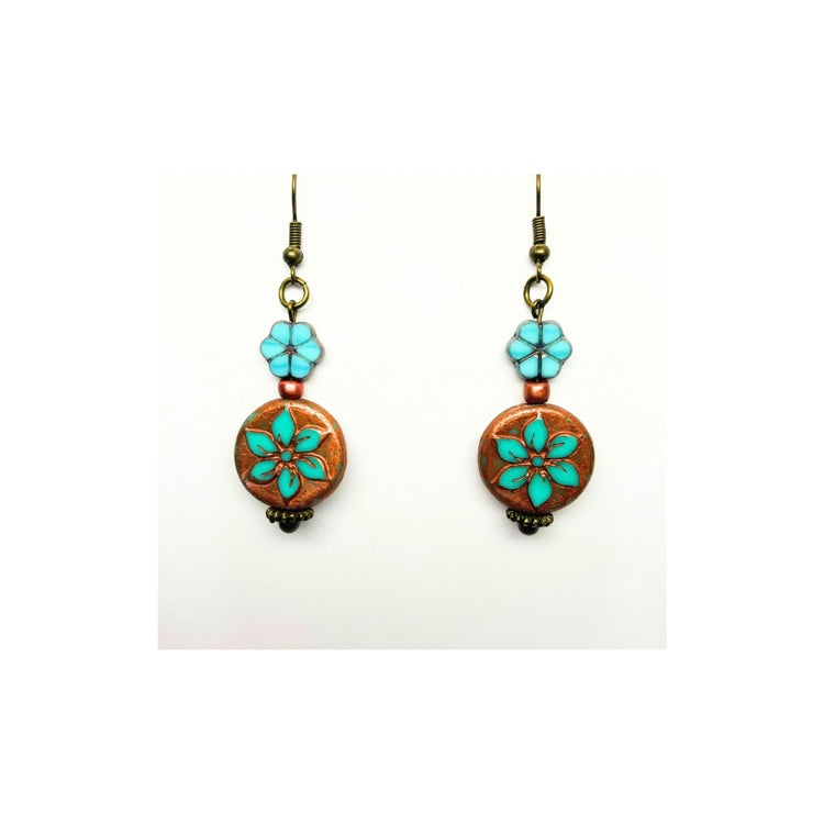 Bronze and Turquoise Flower Dangle Earrings