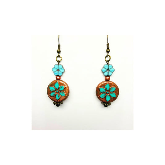 Bronze and Turquoise Flower Dangle Earrings