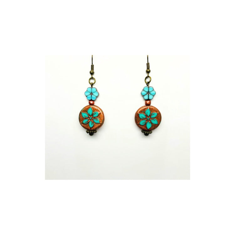 Bronze and Turquoise Flower Dangle Earrings