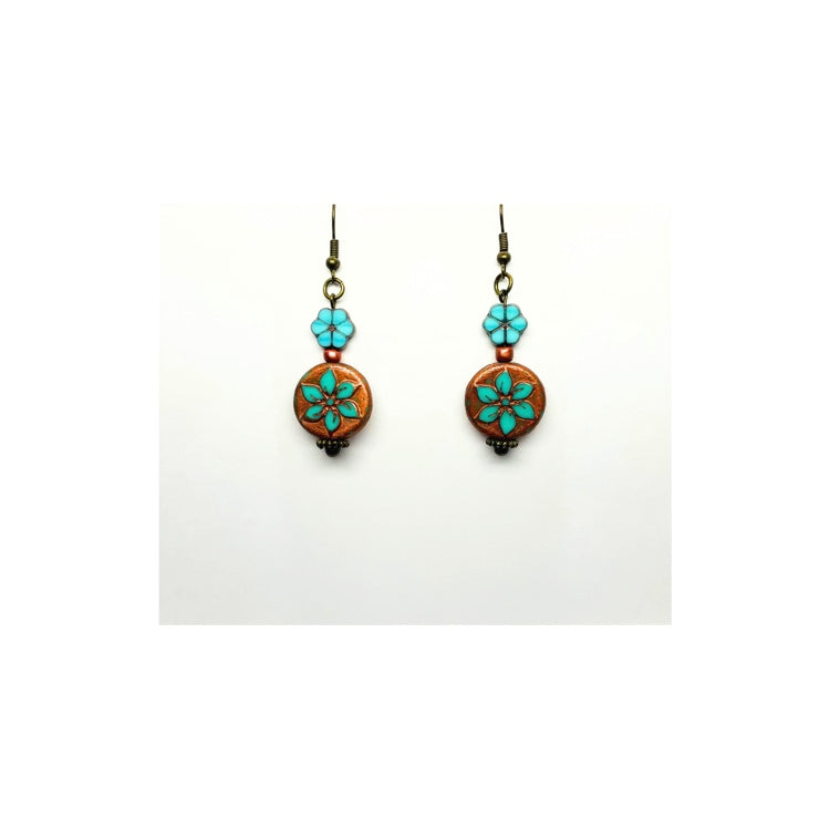 Bronze and Turquoise Flower Dangle Earrings