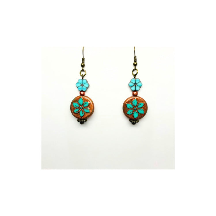Bronze and Turquoise Flower Dangle Earrings