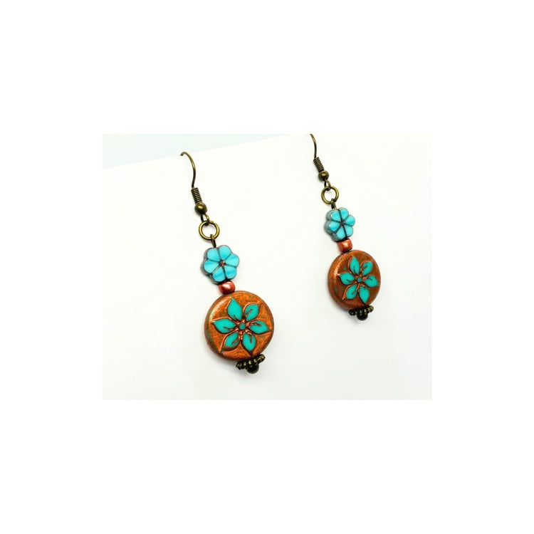 Bronze and Turquoise Flower Dangle Earrings