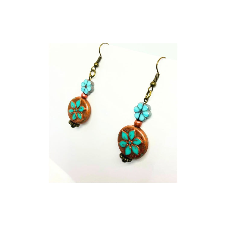 Bronze and Turquoise Flower Dangle Earrings