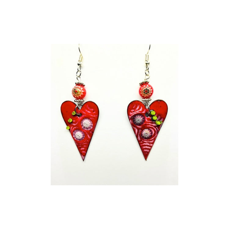 Whimsical Copper Enameled Red Heart Dangle Earrings