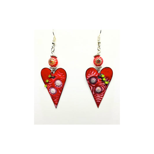 Whimsical Copper Enameled Red Heart Dangle Earrings