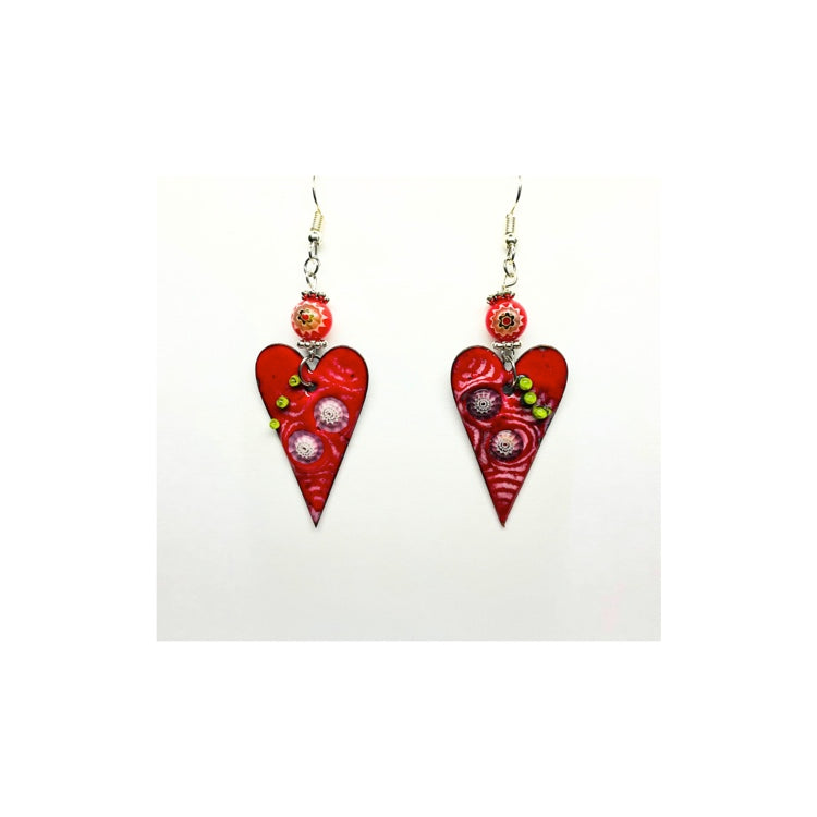 Whimsical Copper Enameled Red Heart Dangle Earrings