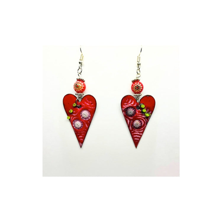 Whimsical Copper Enameled Red Heart Dangle Earrings