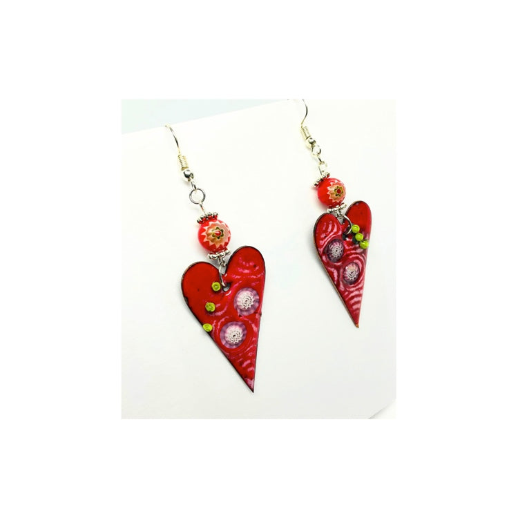 Whimsical Copper Enameled Red Heart Dangle Earrings