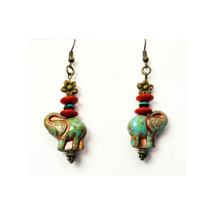Faux Jade Green Elephant Bead Dangle Earrings