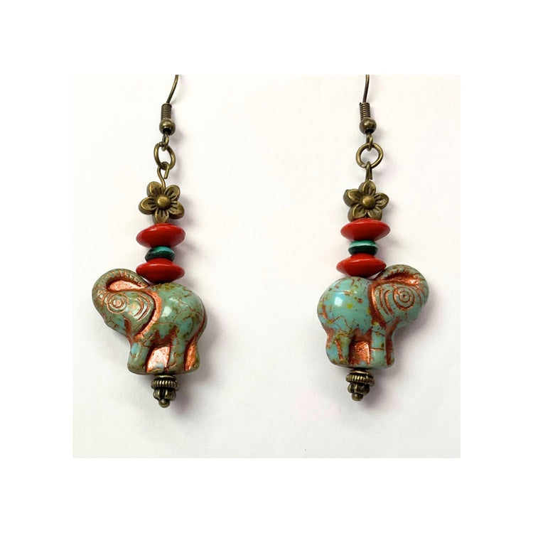 Faux Jade Green Elephant Bead Dangle Earrings
