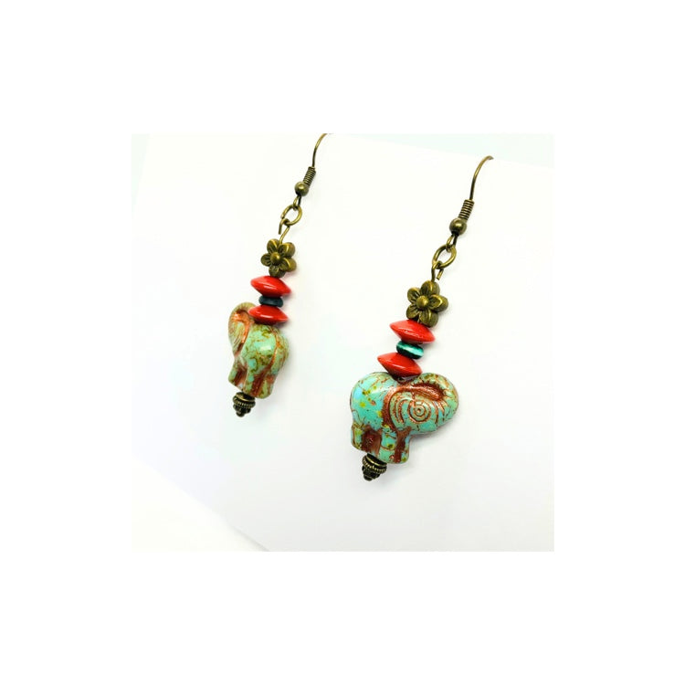 Faux Jade Green Elephant Bead Dangle Earrings