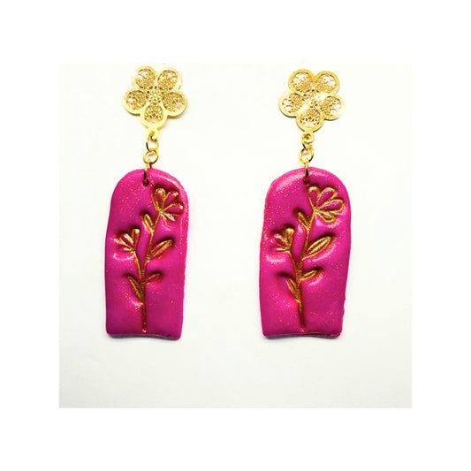 Hot Pink Dangle Earrings with Gold Filigree Stud