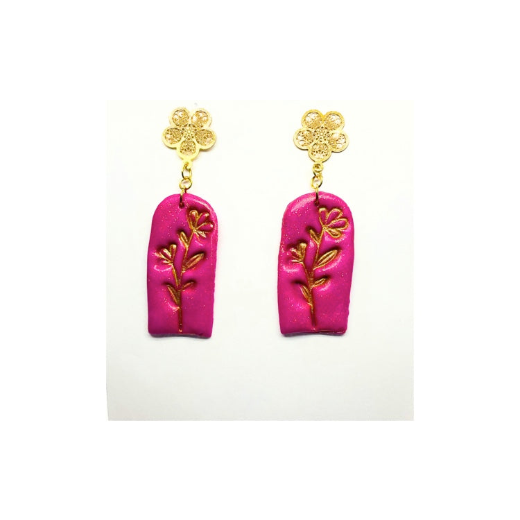 Hot Pink Dangle Earrings with Gold Filigree Stud