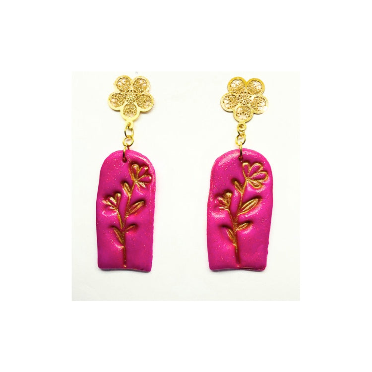 Hot Pink Dangle Earrings with Gold Filigree Stud