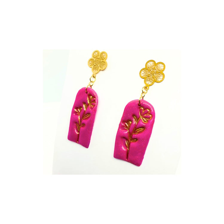 Hot Pink Dangle Earrings with Gold Filigree Stud
