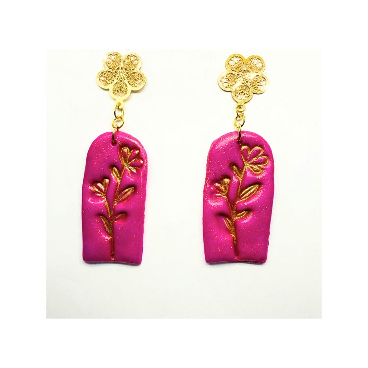 Hot Pink Dangle Earrings with Gold Filigree Stud