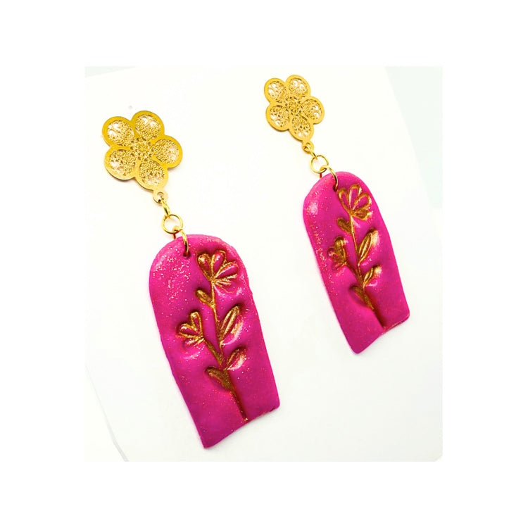 Hot Pink Dangle Earrings with Gold Filigree Stud