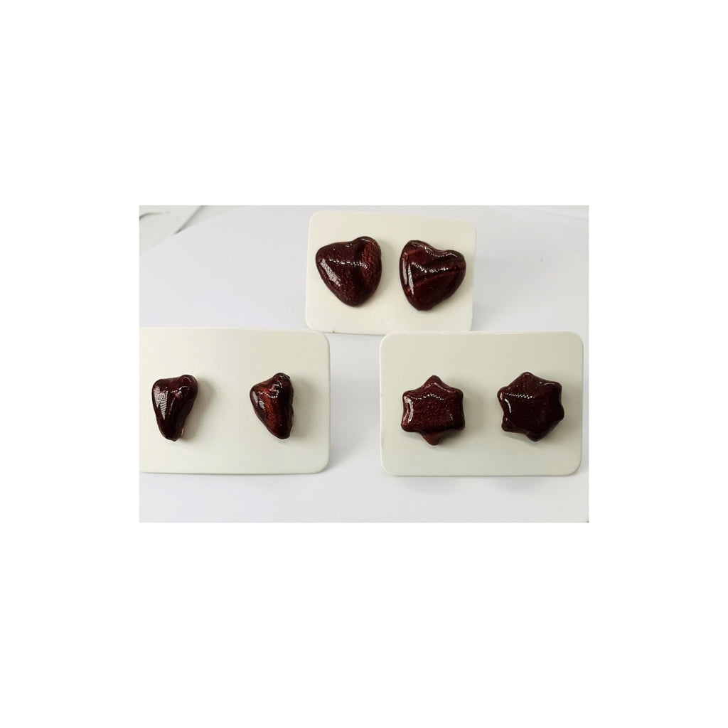 Stud Earrings Set of -Handmade Dark Brown Clay Heart Shapes