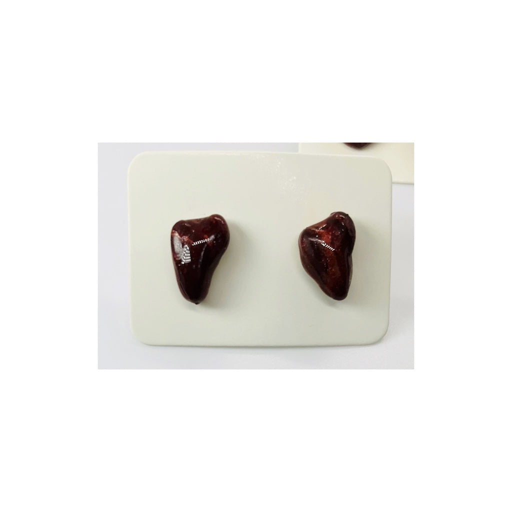 Stud Earrings Set of -Handmade Dark Brown Clay Heart Shapes