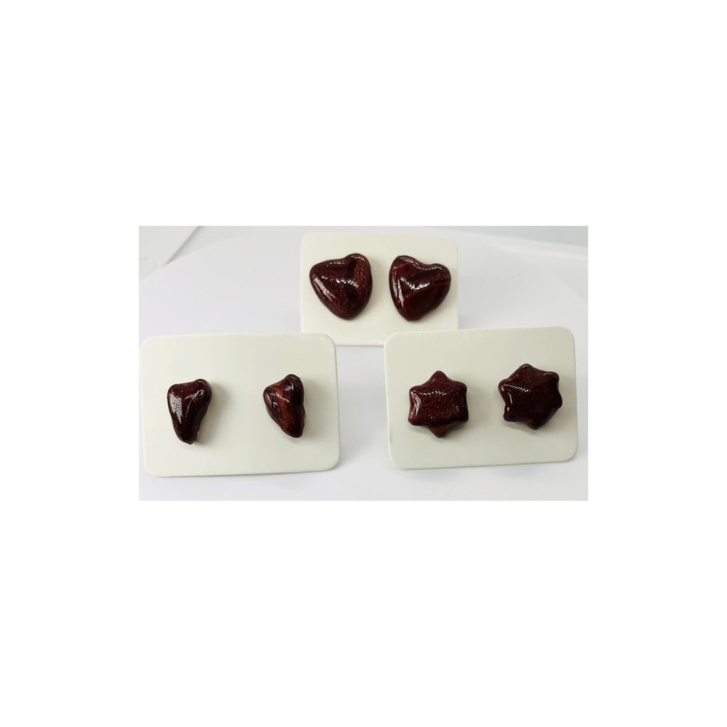Stud Earrings Set of -Handmade Dark Brown Clay Heart Shapes