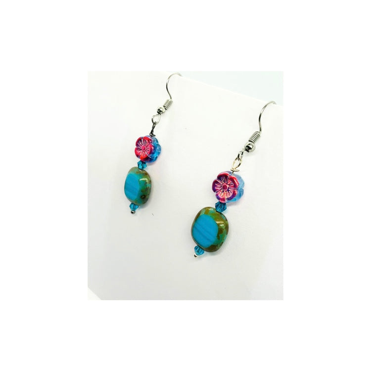 Blue Czech Bead Dangle Earring with Iridescent Blue Flower Bead, Handmade with Care and Unique Design