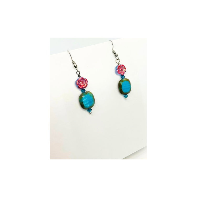 Blue Czech Bead Dangle Earring with Iridescent Blue Flower Bead, Handmade with Care and Unique Design