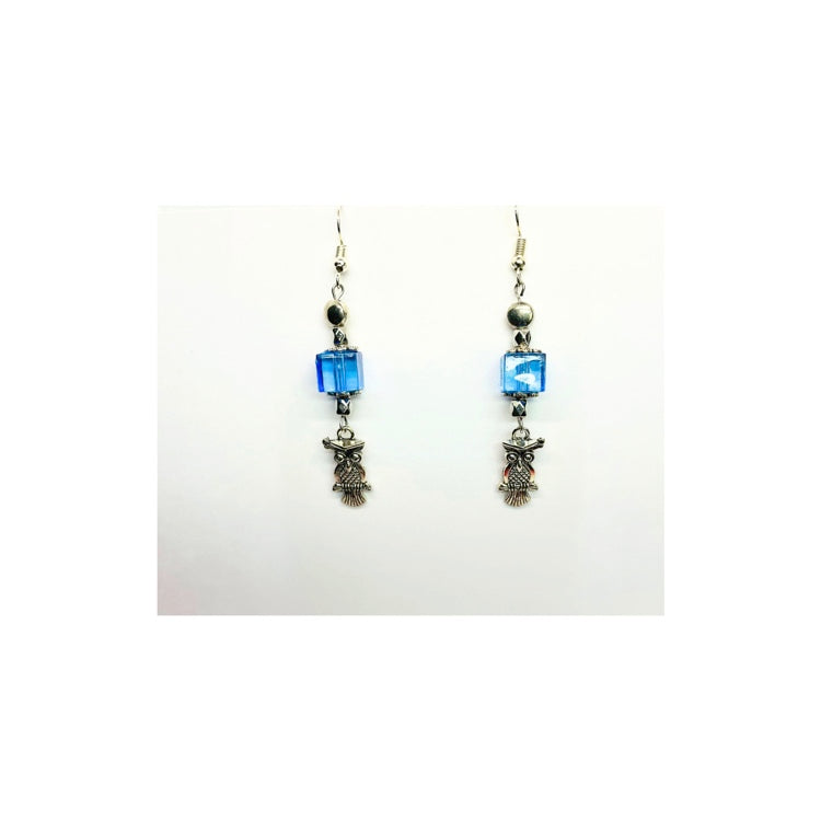 Blue  Glass Bead Dangle Earrings with Silver Owl Embellishment