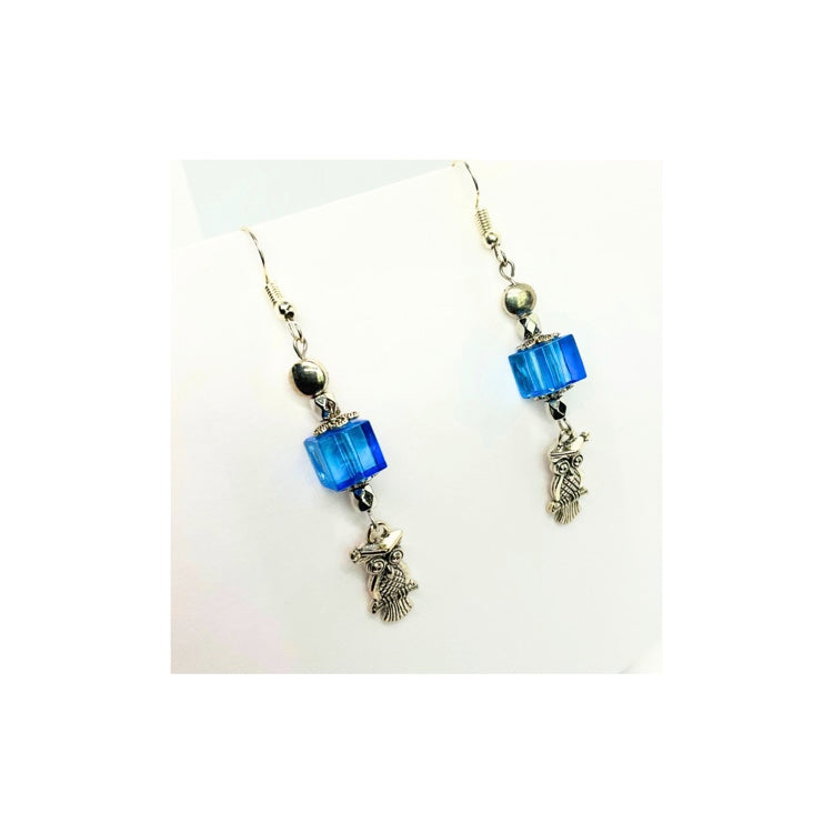 Blue  Glass Bead Dangle Earrings with Silver Owl Embellishment
