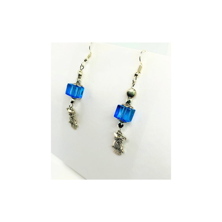 Blue  Glass Bead Dangle Earrings with Silver Owl Embellishment