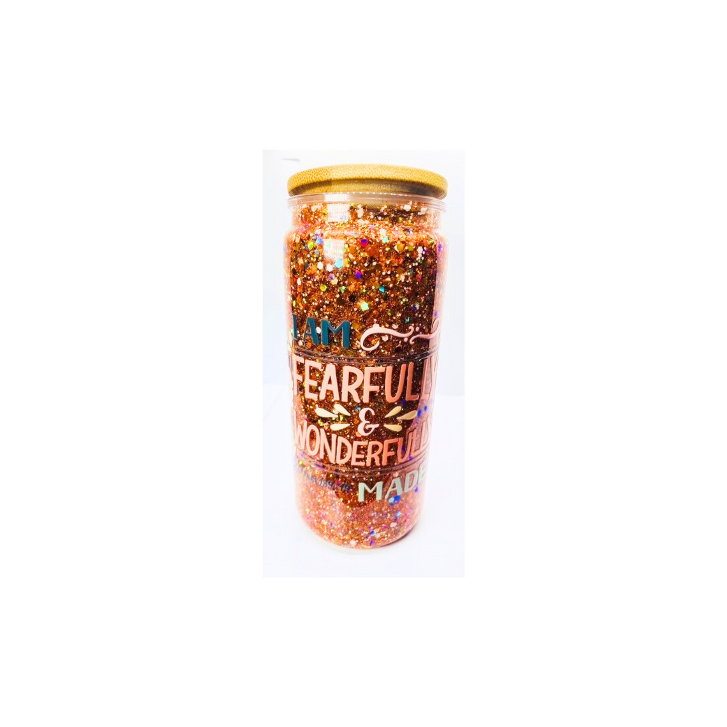 Orange and Pink Glitter Tumbler "I Am Fearfully and Wonderfully Made" 20oz Plastic with Straw Drinkware Portable Reusable Washable Water Bottles Mug Cup