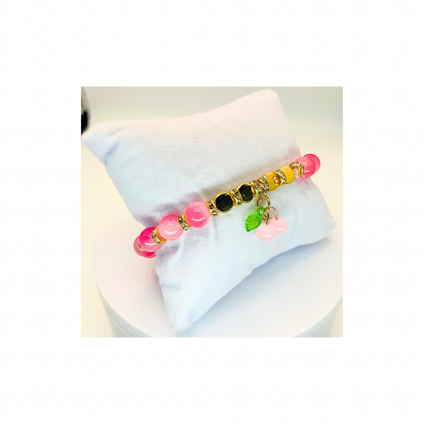 Pink Variegated Beads with Gold Rhinestone and Pink Cherry Charm Stretch Bracelet