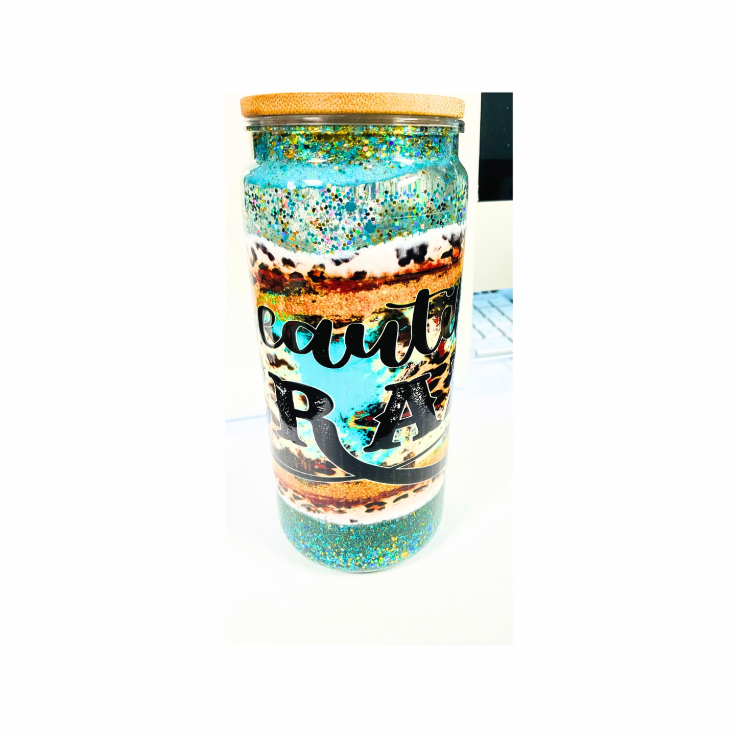 Beautiful Crazy Glitter 20oz Tumbler - Elegant Design with UV Decal Finish Western Style Handmade Turquoise Bottle Drinkware with Wood Lid & Straw Plastic