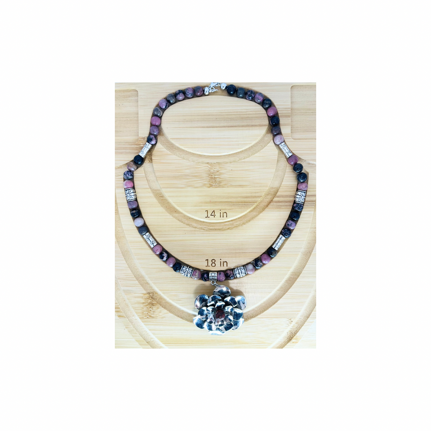 Rhodonite Beaded Necklace with Silver Flower-Crafting By BB