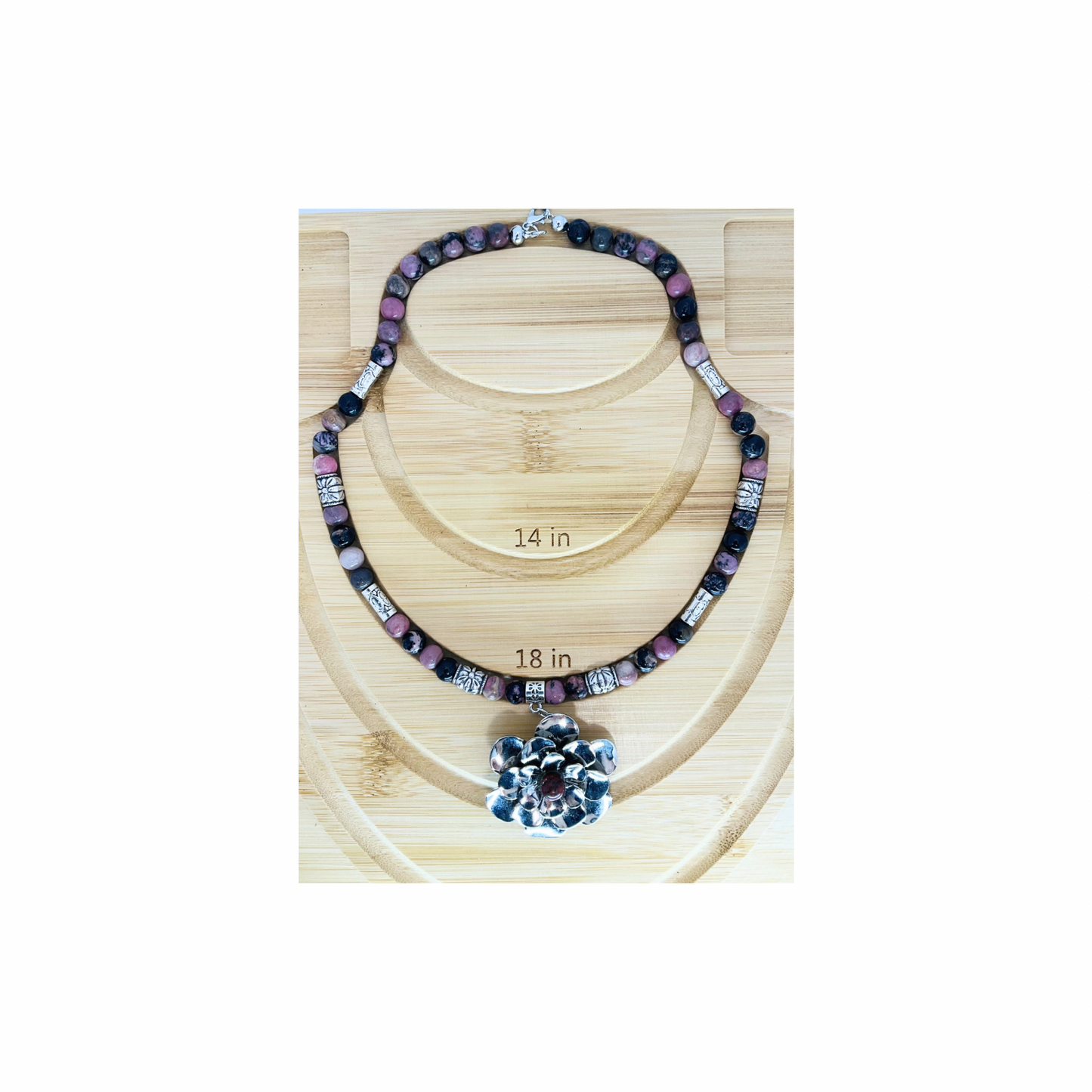 Rhodonite Beaded Necklace with Silver Flower-Crafting By BB