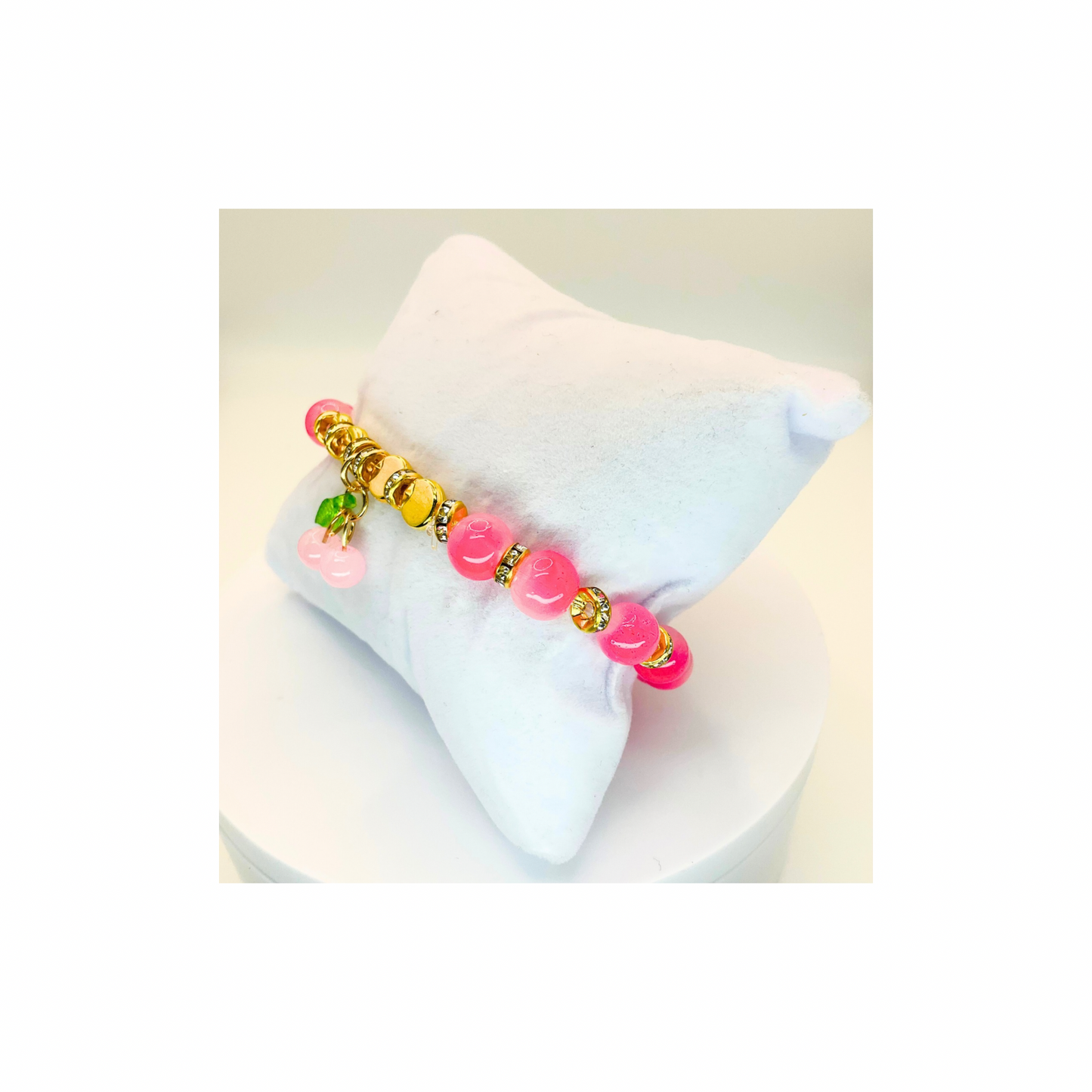Pink Variegated Beads with Gold Rhinestone and Pink Cherry Charm Stretch Bracelet