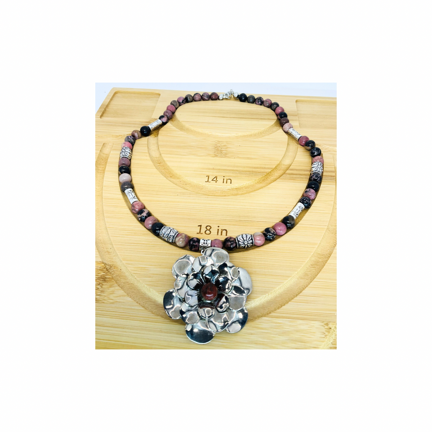 Rhodonite Beaded Necklace with Silver Flower-Crafting By BB